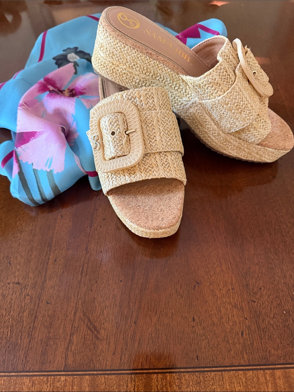 Sam & Libby Natural Raffia Slide Sandals with Logo Sole
